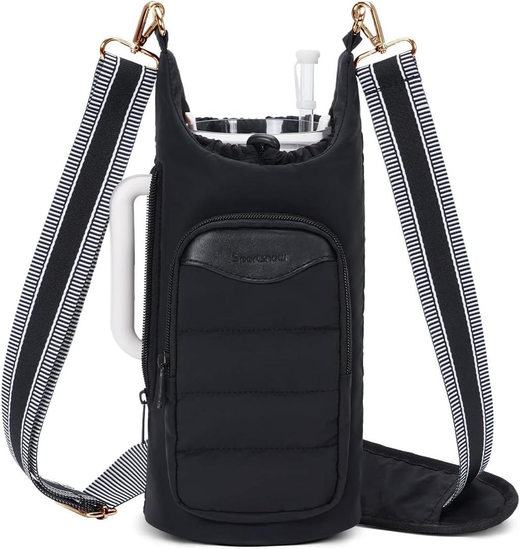 sportsnew Water Bottle Holder for 30oz/40oz Tumbler with Handle, Puffy Water Bottle Carrier Bag with Phone & RFID-Blocking Card Pocket & Drawstring Closure for Quick Access, Patent Pending (Black)