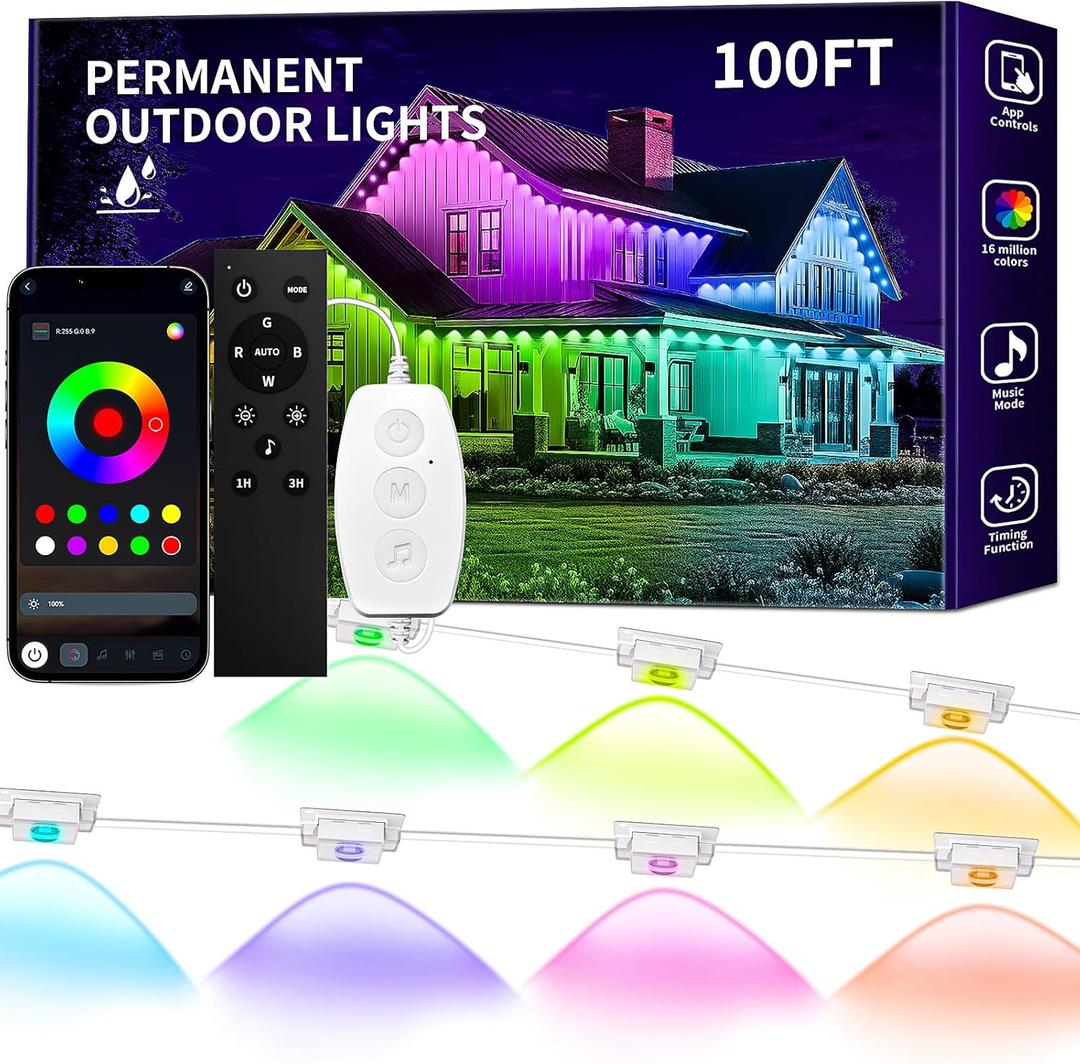 KSIPZE 100ft Permanent Outdoor Lights Waterproof IP67, Smart RGB+IC Eaves LED Lights with App & Button Control, 200+ Dynamic Scene Modes for House Roof, Garden, Christmas, Party Decor