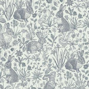 Livelynine Blue Bunny Wallpaper Peel and Stick Vintage Floral Rabbit Farmhouse Blue and White Wall Paper for Bedroom Whimsical Woodland Toile Removable Contact Paper for Cabinets Drawers 17.5x78.8
