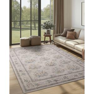 6x9 Washable Non-Slip Area Rug for Living Room, Dining Room, Bedroom Home Office-Floral Vintage Farmhouse Non-Shedding Distressed Low Pile Area Rug (Beige,6x9)