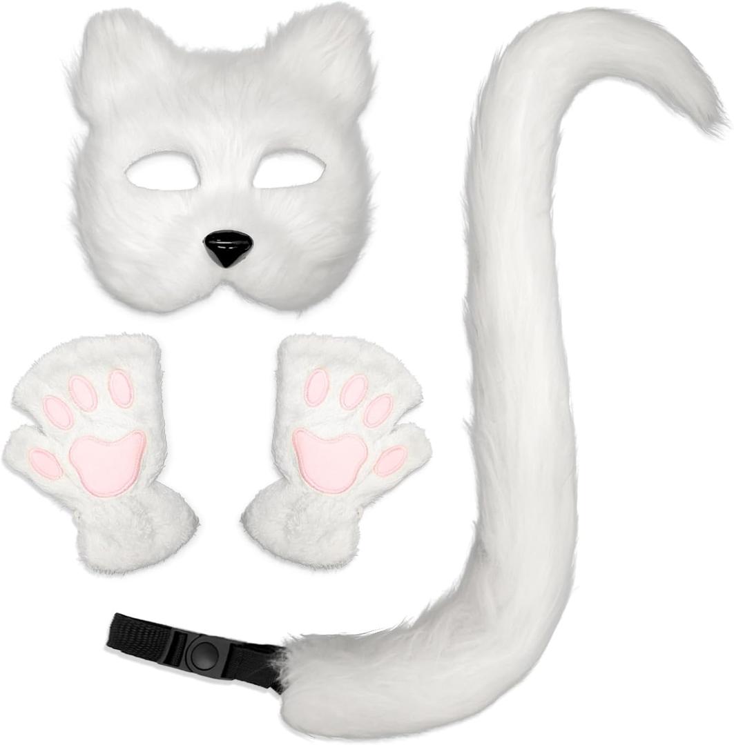 FunMular Therian Mask and Tail Cat Masks Animal Tail Fox Glove Set Furry Paws for Halloween Party Costume (White)