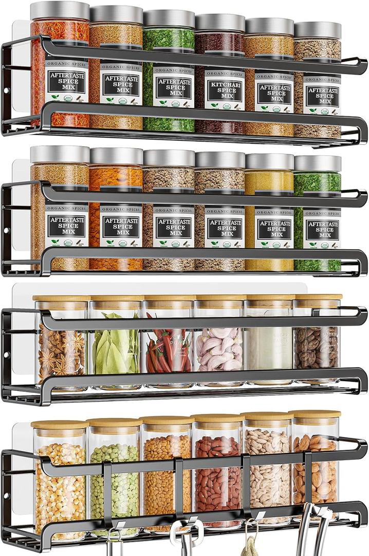 Spice Rack Wall Mounted 4 Pack,Space-Saving Spice Organizer for Spice Jars and Seasonings,Screw or Adhesive Hanging Spice Rack Organizer for Your Kitchen Cabinet,Pantry Door,11.41x2.75x2.75in (Black)