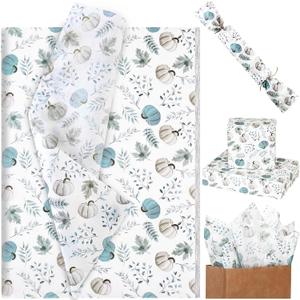 Bolsome 100 Sheets Fall Pumpkin Tissue Paper for Gift Wrapping Blue White Pumpkin Leaves Printed Art Tissue Paper for Thanksgiving Day Harvest Autumn Holidays DIY Craft, 19.7 x 13.8 Inch