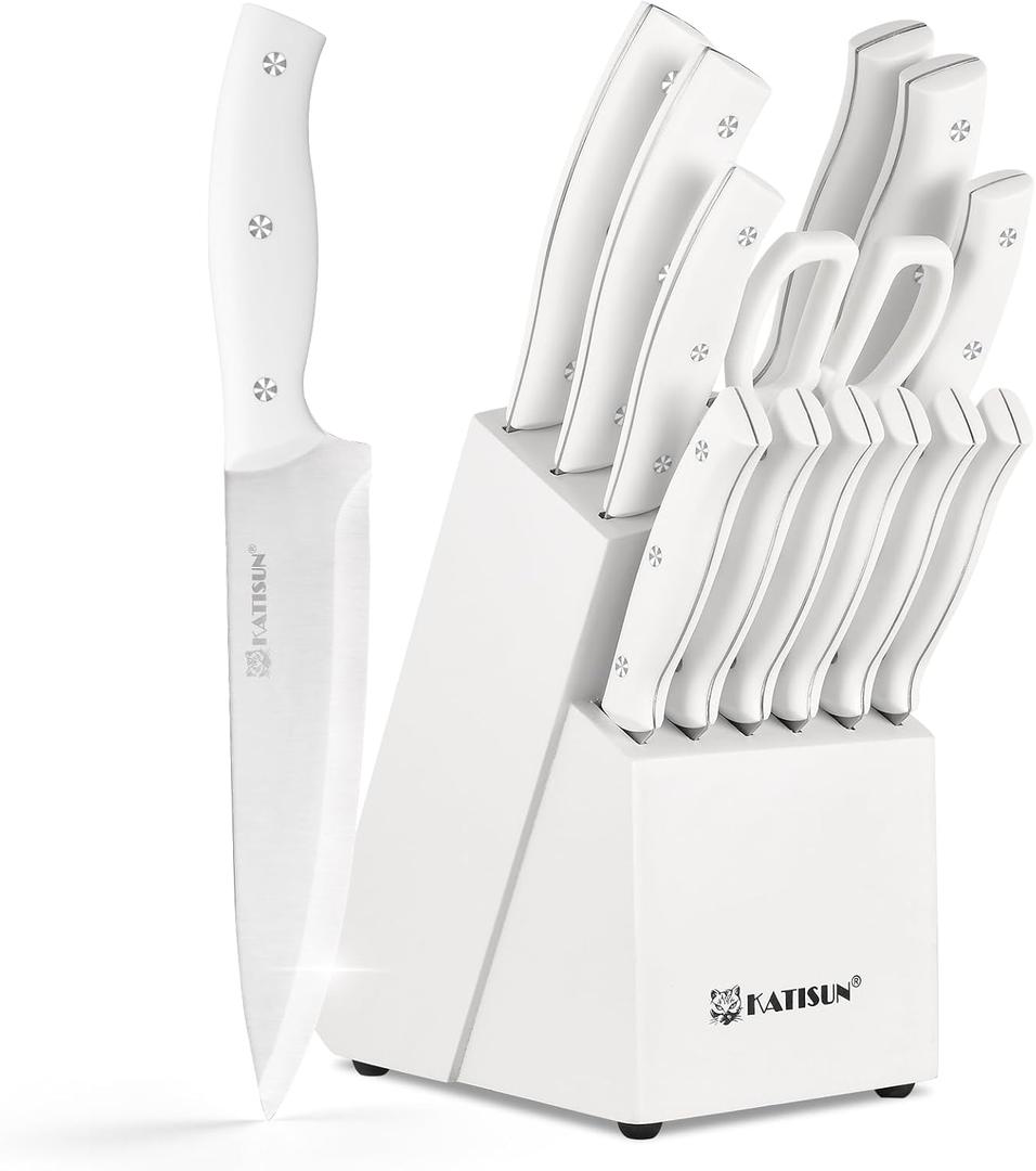 15-Piece White Kitchen Knife Set with Built-in Sharpening Stone, Ergonomic Triple Rivet Fixed Handles, Dishwasher Safe