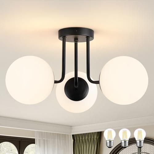 JERANDO Modern Semi Flush Mount Ceiling Light, 3-Light Glass Globe Ceiling Light Fixture, Matte Black Mid Century Sputnik Chandelier for Living Room, Bedroom, Hallway, Kitchen (Blub Included)