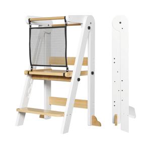 ROOMTEC Foldable Toddler Kitchen Tower, 3 Adjustable Height Wooden Learning Stool, Toddler Standing Tower with Safety Net for Kitchen Bathroom Sink Counter (White)