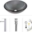 Bathroom Vessel Sink, Tempered Glass Vanity Round Bowl with Chrome Faucet and Pop up drain Set, Bluish Grey, 16.5 x 5.5 inches