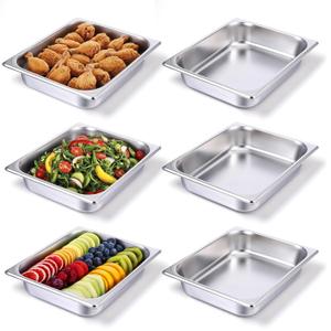 6 Pack Half Size Hotel Pans,1/2 Size 2.5 Inch Deep Stainless Steel Steam Table Pans Half Pans for Chafing Dishes, Breading Trays for Hotel Chafing Dishes Buffet Hotel Party