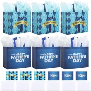 YANGTE 6 Pack 13" Fathers Day Gift Bags with Tissue Paper, Gift Bags Medium, Fathers Day Gift for Men Dad Father Grandpa, Happy Fathers Day Gift for Party Favor Supplies, 12.8"*10.2"*6.3"
