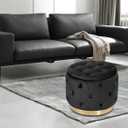 JUUON Velvet Round Storage Ottoman with Gold Metal Base, Button Tufted Modern Upholstered Footrest Stool & Coffee Table Seat for Living Room or Bedroom (Black)