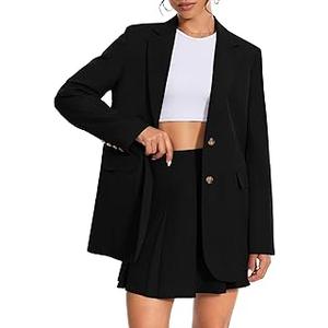 Women's 2 Piece Skirt Sets Business Casual Blazer Suit Mini Pleated Skorts Button Jackets Matching Outfits Black XL
