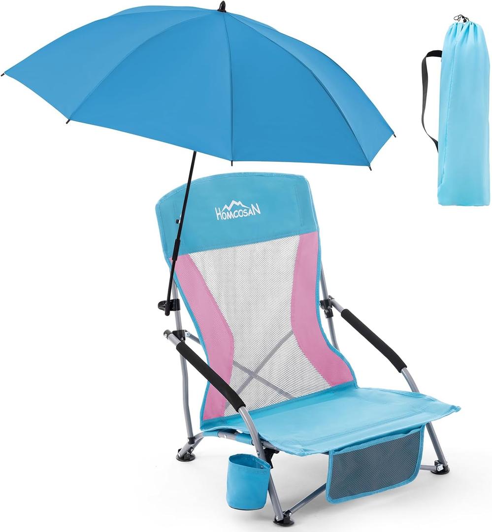 Homcosan Portable Low Folding Beach Chair with Detachable Umbrella - Lightweight Camping Chair for Adults with Cup Holder & Storage Pocket, Carry Bag Included (Blue & Pink), 1 Pack