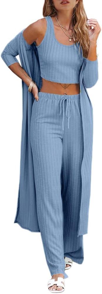 Fessceruna Womens 3 Piece Lounge Sets Pajamas Knit Long Sleeve Cardigan Crop Top Wide Leg Pants Loungewear Set (X-Small)