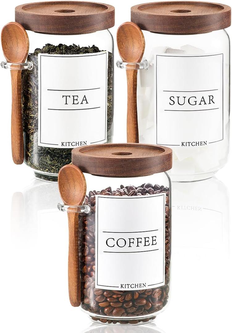 KOSKIMER Coffee Sugar Tea Containers with Scoops, Glass Jars with Wooden Lids and Spoons, Coffee Bar Canisters for Countertop, Decorative Kitchen Canisters Set of 3 (25oz)