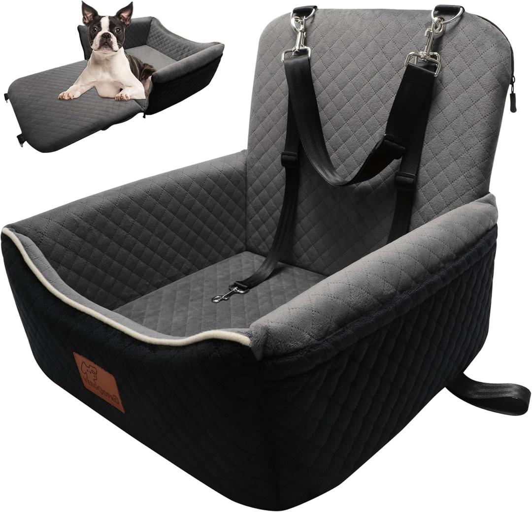 Dog Car Seat Bed 2 in 1 for Small/Medium Dogs up to 35 lbs,Adjustable Safety Leashes,Memory Foam with Soft Fabric Pets Travel Car Bed,Easily Installed in Front and Back seat,Removable and Washable. (Black outside Grey inside)