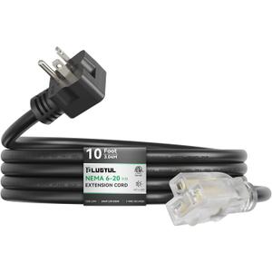 PLUGTUL NEMA 6-20 Extension Cord 10FT, Heavy Duty Extension Cord with Lighted Outlet, 20A/250V, 12Gauge SJTW, ETL Listed, 6-20P to 6-15/20R (T Blade Female Adapter) - Black