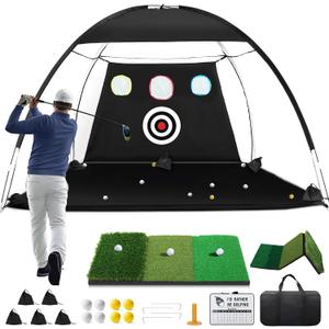 Golf Net, 10x7ft Golf Hitting Aid with Foldable Tri-Turf Mat, Designed for Outdoor & Indoor Use, Practice Nets for Backyard Driving Real Balls, Ideal Gifts for Men Dad Husband & Golfers