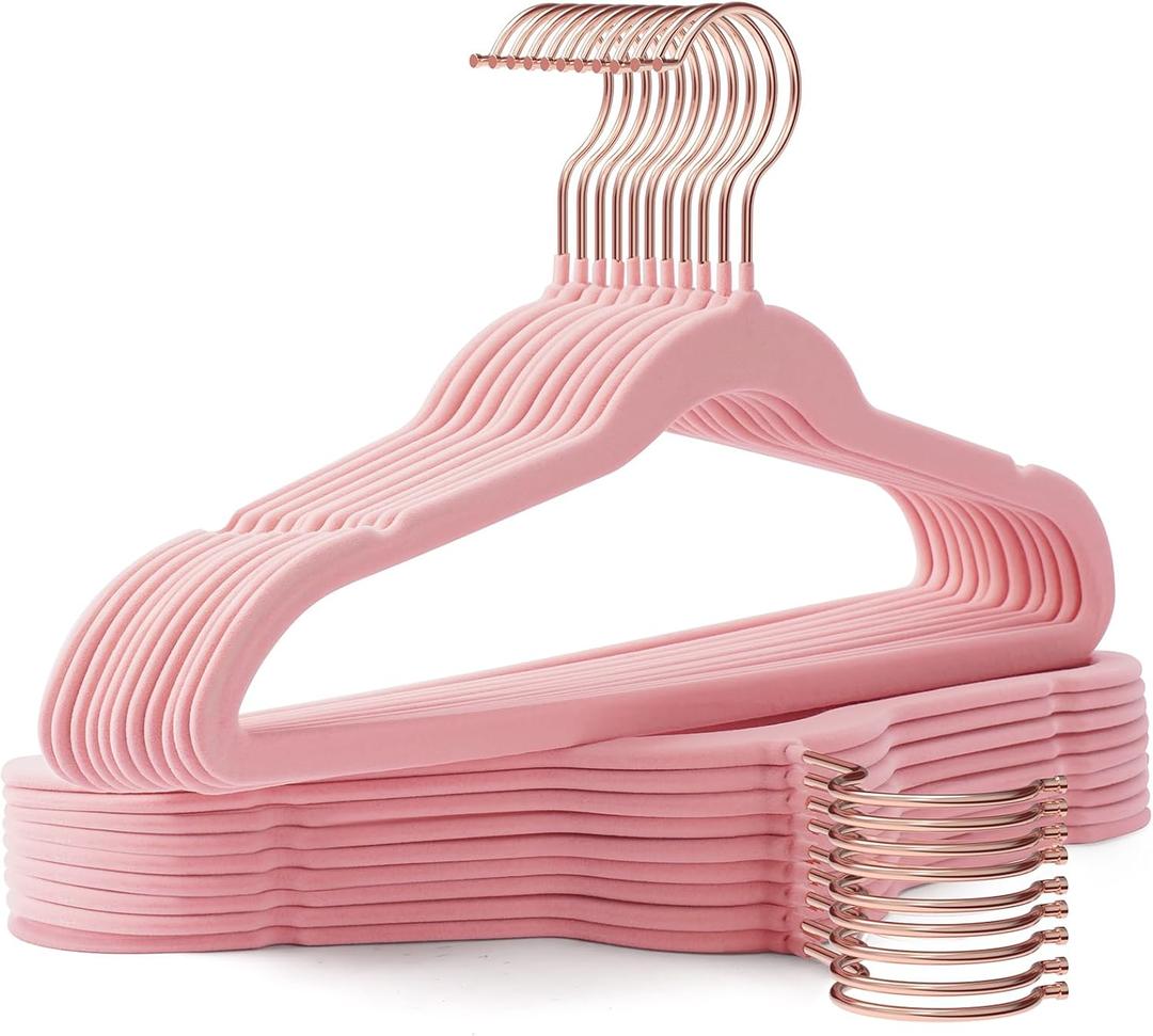Kids Hangers 50 Pack,14 Inch Kids Velvet Hangers Slim & Space-Saving, Baby Clothes Hangers with 360 Swivel Hook, Heavy Duty Hanger for Infant & Children's Coats, Pants,and Dress (Pink)