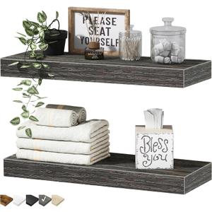 QEEIG Bathroom Floating Shelves for Wall - 15.7" Wall Mounted Shelf Over Toilet Farmhouse Home Decor Display Bookshelf Small 15.7 x 6.7 inch Set of 2, Grey (008-40GY)