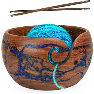 Wooden Yarn Bowls for Crocheting & Knitting - Availabe in 2 Sizes, Exquisite Handmade Large Yarn Bowl Holder, Crochet Bowls for Yarn, Knitting Bowl (Blue Resin Large)