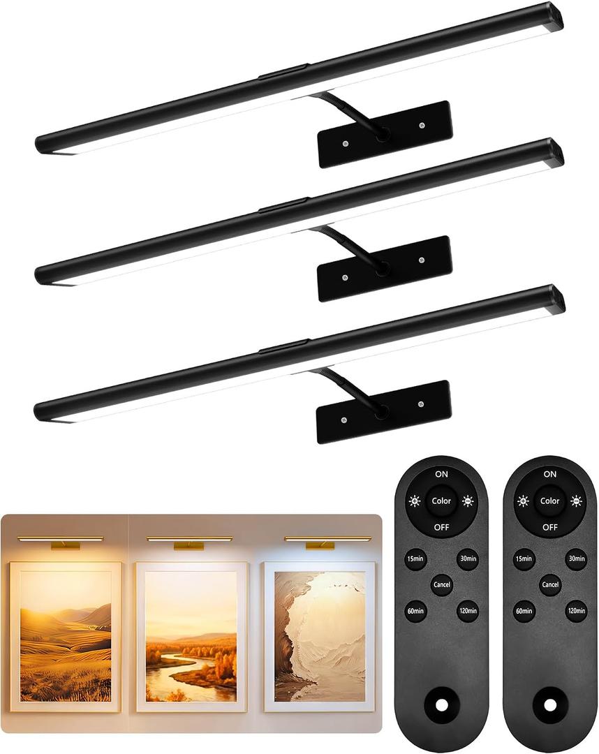 EZVALO Picture Light for Wall, 4800mAh Rechargeable Wireless Battery Lights for Painting, 16In Dimmable Remote Magnetic LED Art Display Light, Colors Temperatures, for Gallery, Living Room(Black-3P)