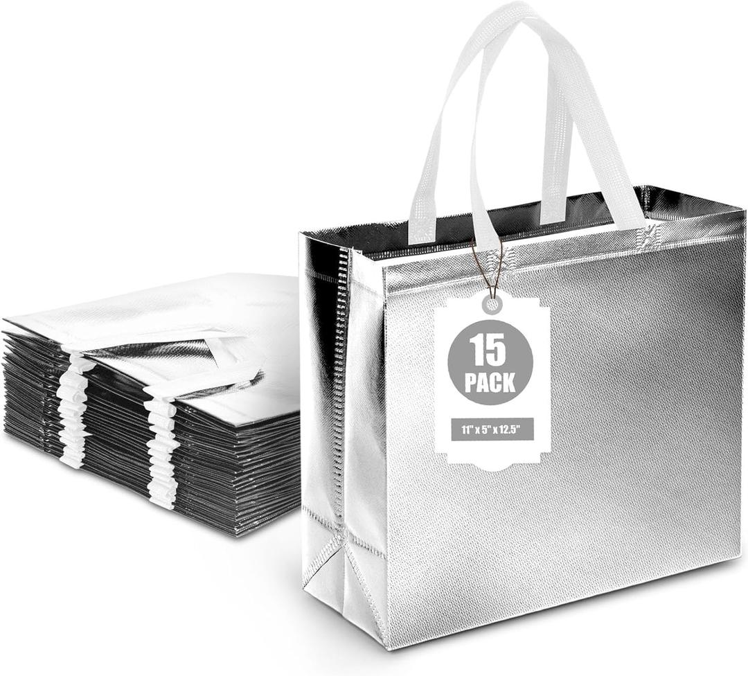 VGOODALL 15 Pack Large Gift Bags with Handles, 12.6" x 5" x 11" Silver Reusable Gift Bags Bulk for Christmas Birthday Wedding Party Favor