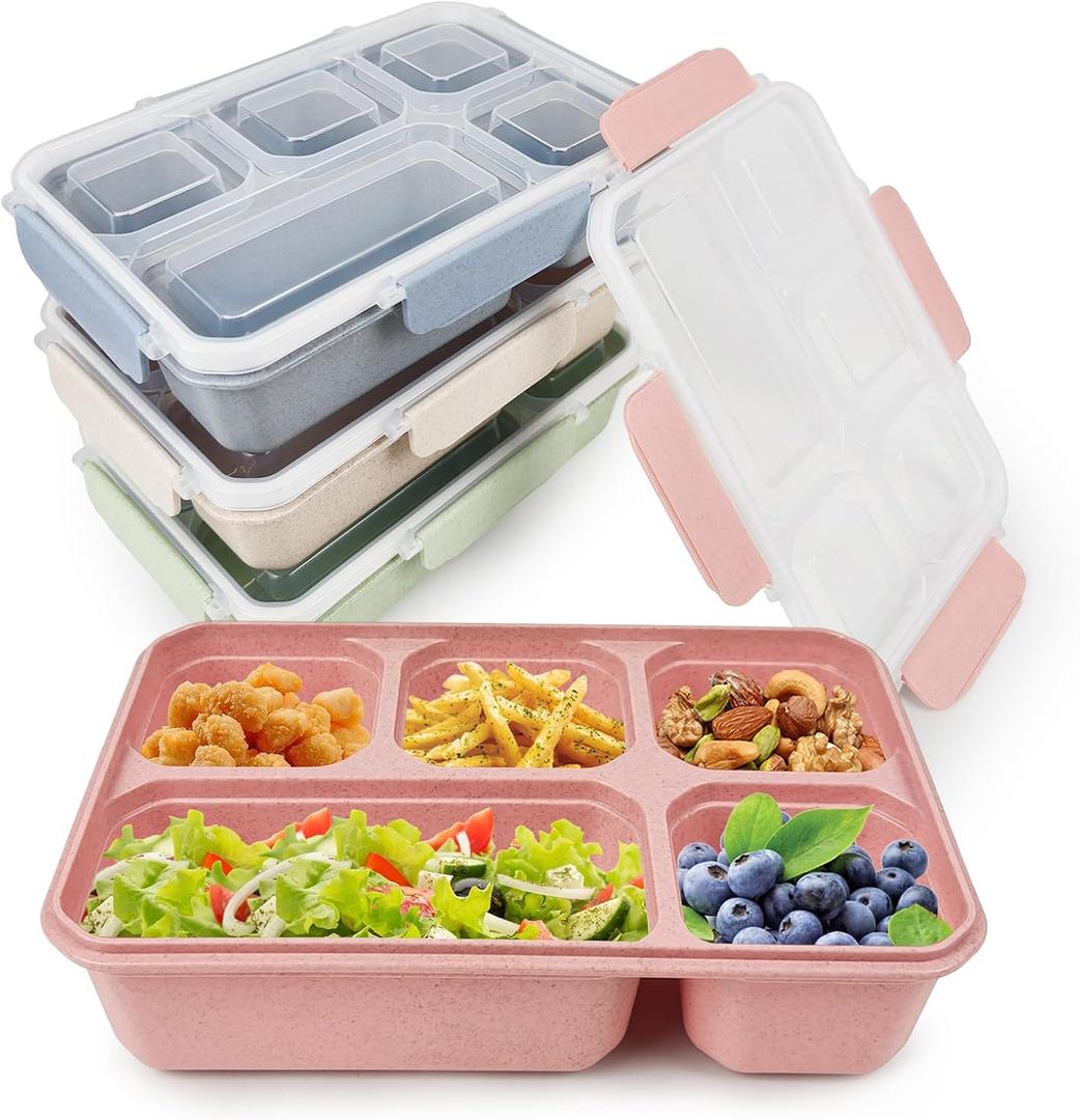 greenandlife 4 Pack Bento Lunch Box Set for Kids Adults, 5 Compartment Reusable Wheat Straw Meal Prep Food Storage Snack Containers, Microwave and Dishwasher Safe, INS