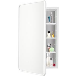 White Bathroom Medicine Cabinet with Mirror 17 x 27 Metal Frame Recessed Or Wall Mounted Single Door Storage Medicine Cabinets with Adjustable Shelves Rounded Corner Beveled Mirrors
