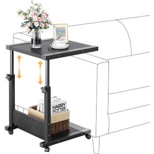Hospital Bedside Table with Wheels Adjustable Height Sofa Side, Rolling Hospital Table, Mobile Computer Desk Laptop Table for Living Room, Bedroom & Office, Black