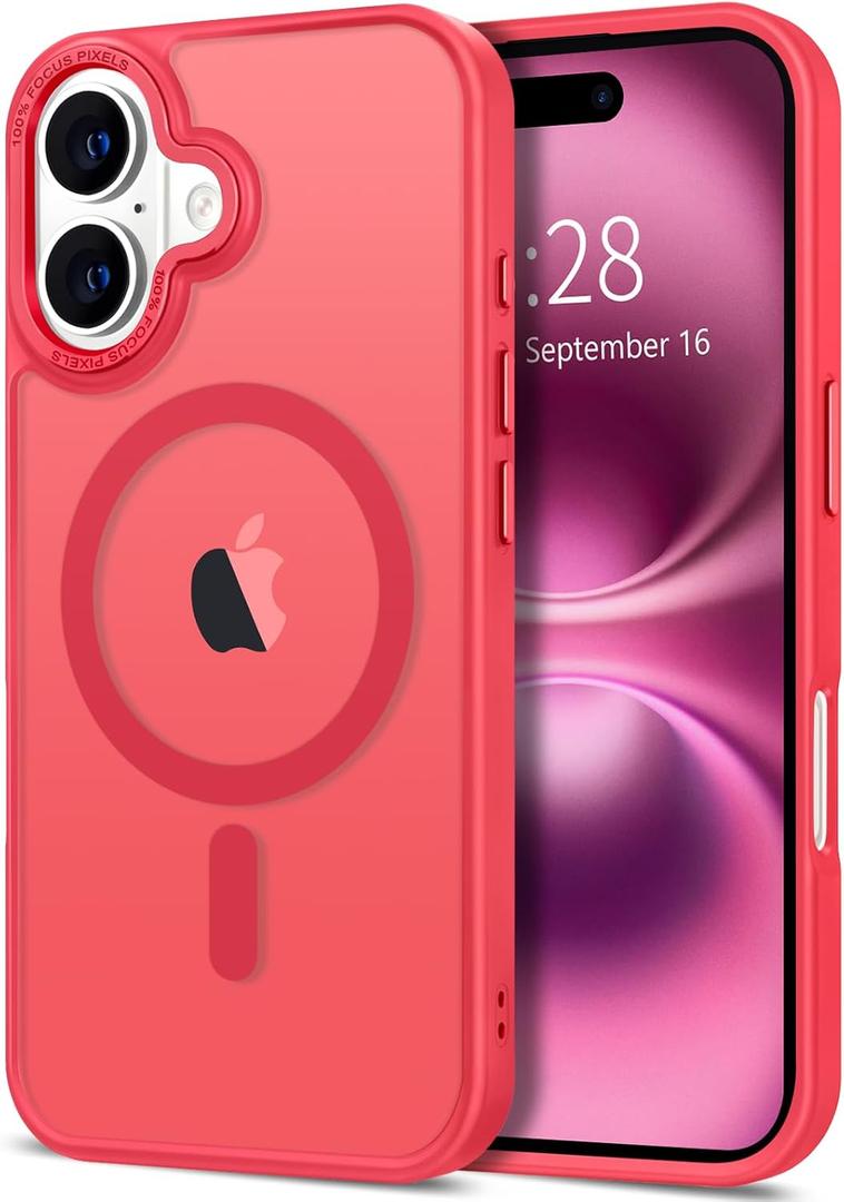 Hython Case for iPhone 16 Plus Case Magnetic Translucent Matte Phone Cases 6.7" [Compatible with MagSafe] Thin Slim Fit Shockproof Bumper Hard Protective Cover for Women Men Girls, Frosted Red