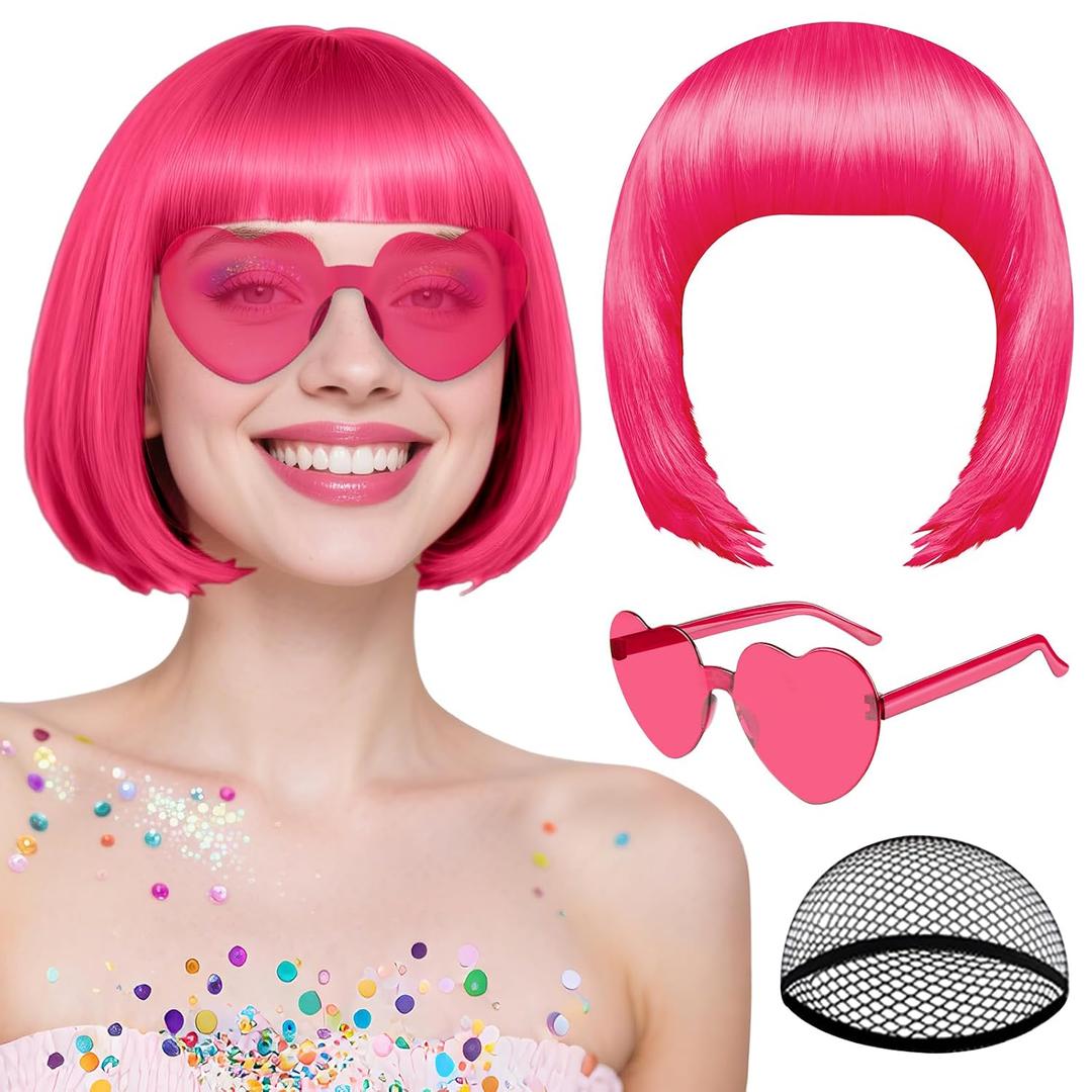 2 x MEEZY Hot Pink Short Bob Wigs Straight Hair with Flat Bangs Heart Sunglasses for Women, Colorful Funny Cosplay Daily Party Neon Wig Synthetic Natural As Real Hair Carnival Halloween Costume
