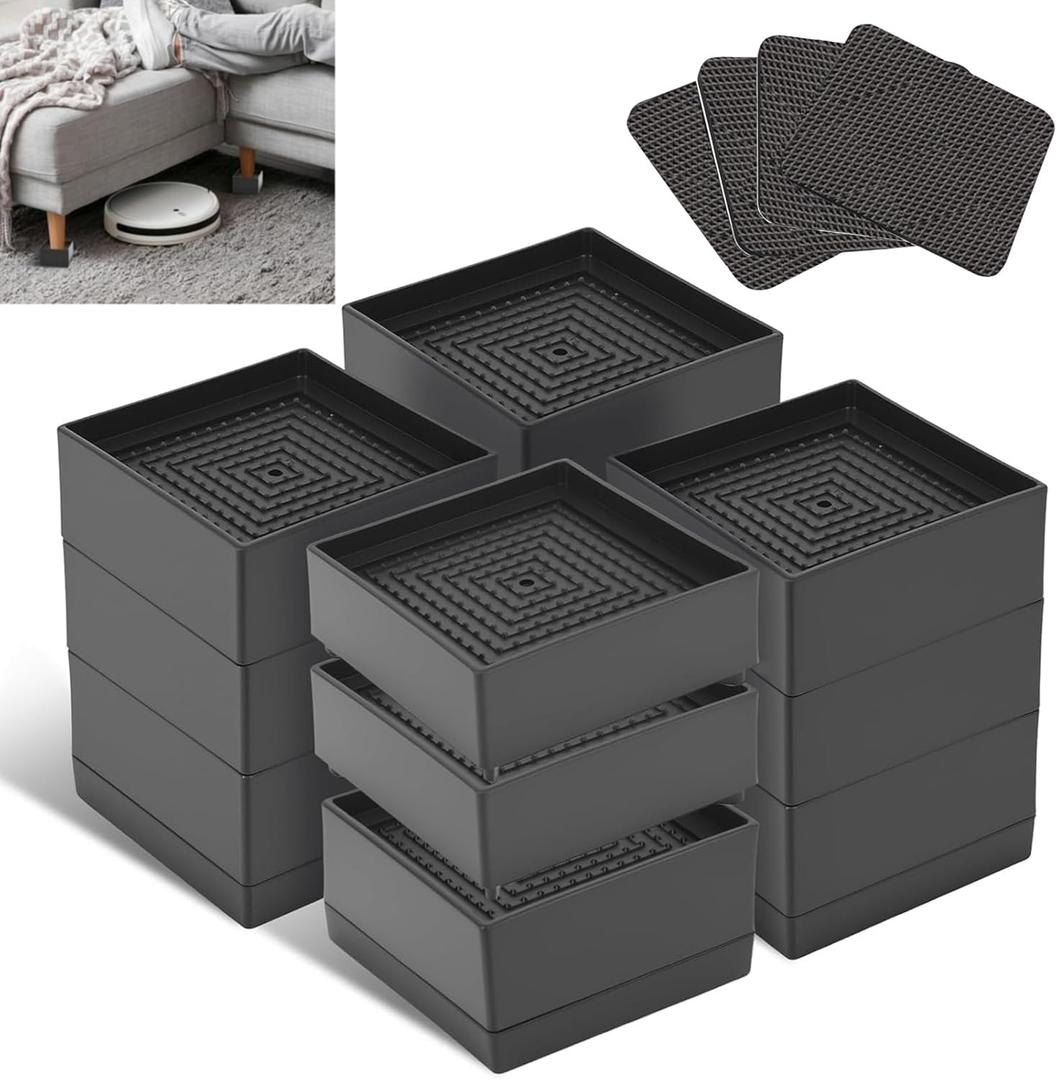 Bed Risers Furniture Risers, Heavy Duty Adjustable Blocks Lift 1.9-4.5 Inches, for Couches, Desks, Chairs, Refrigerator, Washing Machine - Support up to 4000 lbs (Rectangle, Black 4 Pack)