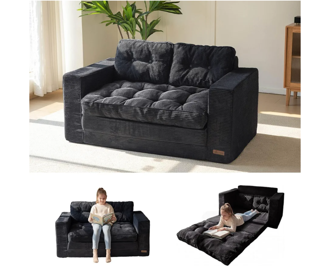 MAXYOYO Convertible Sofa Bed, Pull Out Loveseat Sleeper Sofa, 2 in 1 Folding Couch Bed, Fold Out Floor Couch with Pillows for Living Room Bedroom Lounge, Black