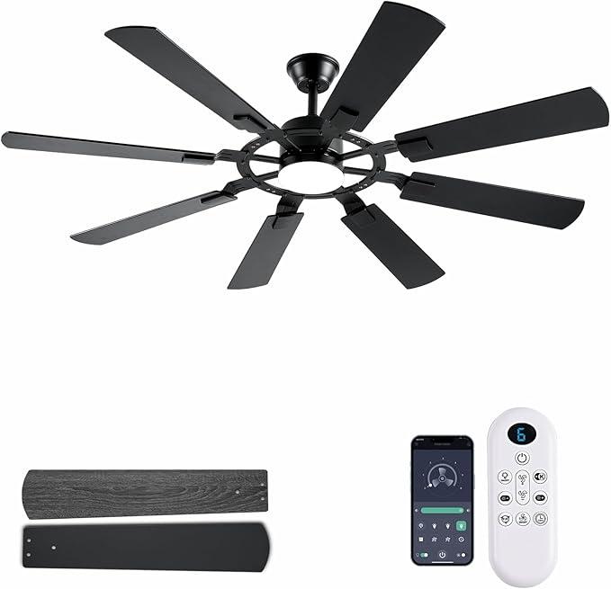 62 Inch Ceiling Fans with Lights, Large Low Profile Flush Mount Ceiling Fan with Remote Control, 8 Blades Double Sided, Reversible DC Motor, Silent Timing, Brown Indoor Outdoor Ceiling Fan, Black