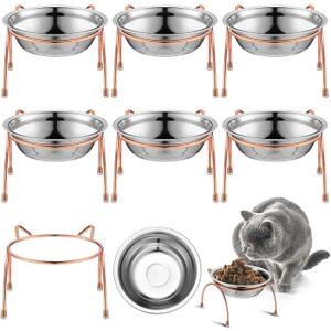6 Sets Stainless Steel Elevated Cat Bowls 5.5 Inch Wide Raised Cat Bowls with Metal Stand Stress Free Elevated Shallow Water Dish Indoor Kitten Feeding Dish to Prevent Fatigue, 12 oz