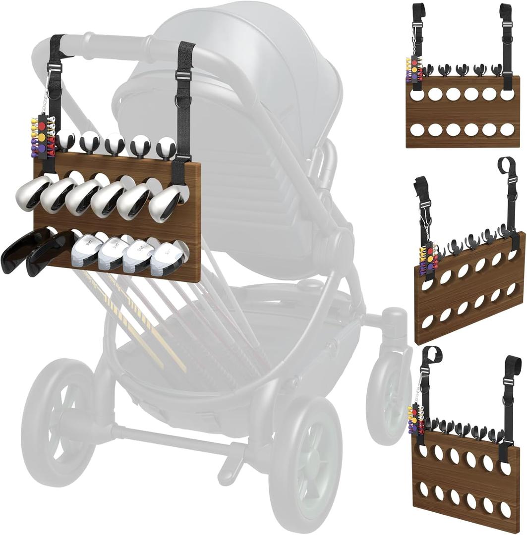 Golf Stroller Attachment Universal Golf Club Holder for Strollers, Acacia Wood, 12 Slots, 5 Ball Holders & Removable Tee Case Portable, Easy Setup, Gift for Golf-Loving Parents