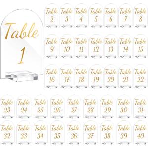 Qunclay 40 Pack 5 x 7 Inch Gold Acrylic Wedding Table Number 1-40 Clear Table Stand with Numbers Calligraphy Number Holders Signs for Wedding Reception Birthday Party Decorations