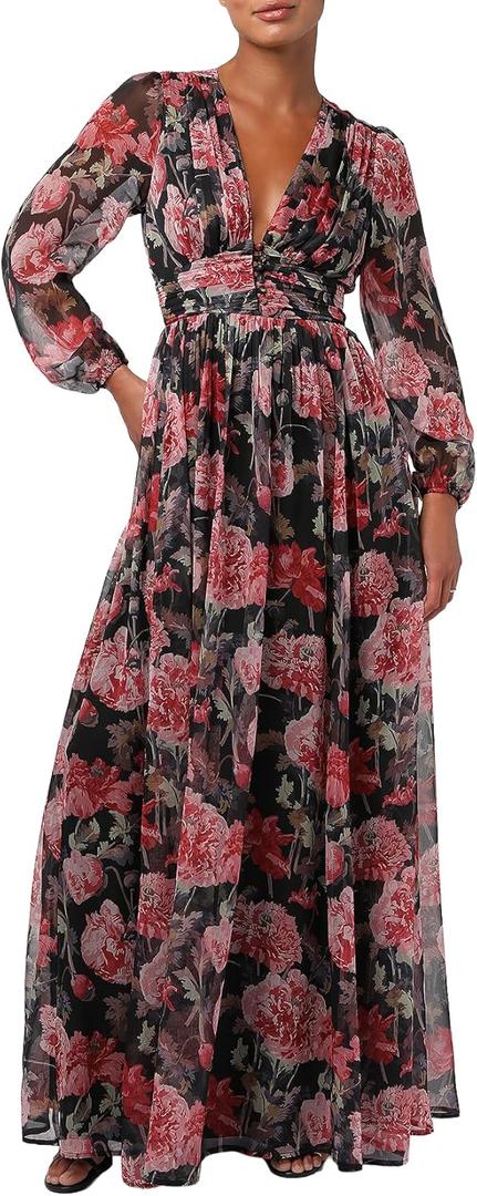 Lulus Pearl Long Sleeve Floral Dress for Women, Cocktail Maxi Dress (Size Medium, Burgundy)