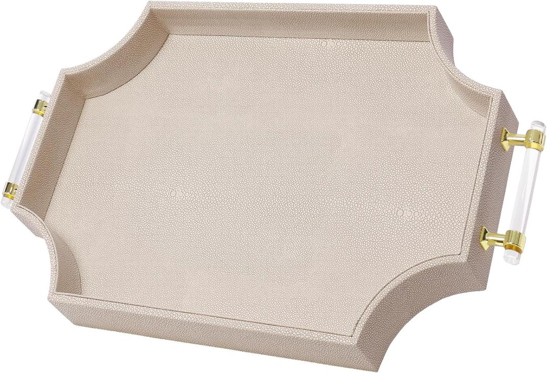 22.6'' 13'' Coffee Table Tray Shagreen Decorative Tray for Ottoman Home Decor Serving Tray with Acrylic Gold Handles Modern Elegant Scalloped Large Ottoman Tray