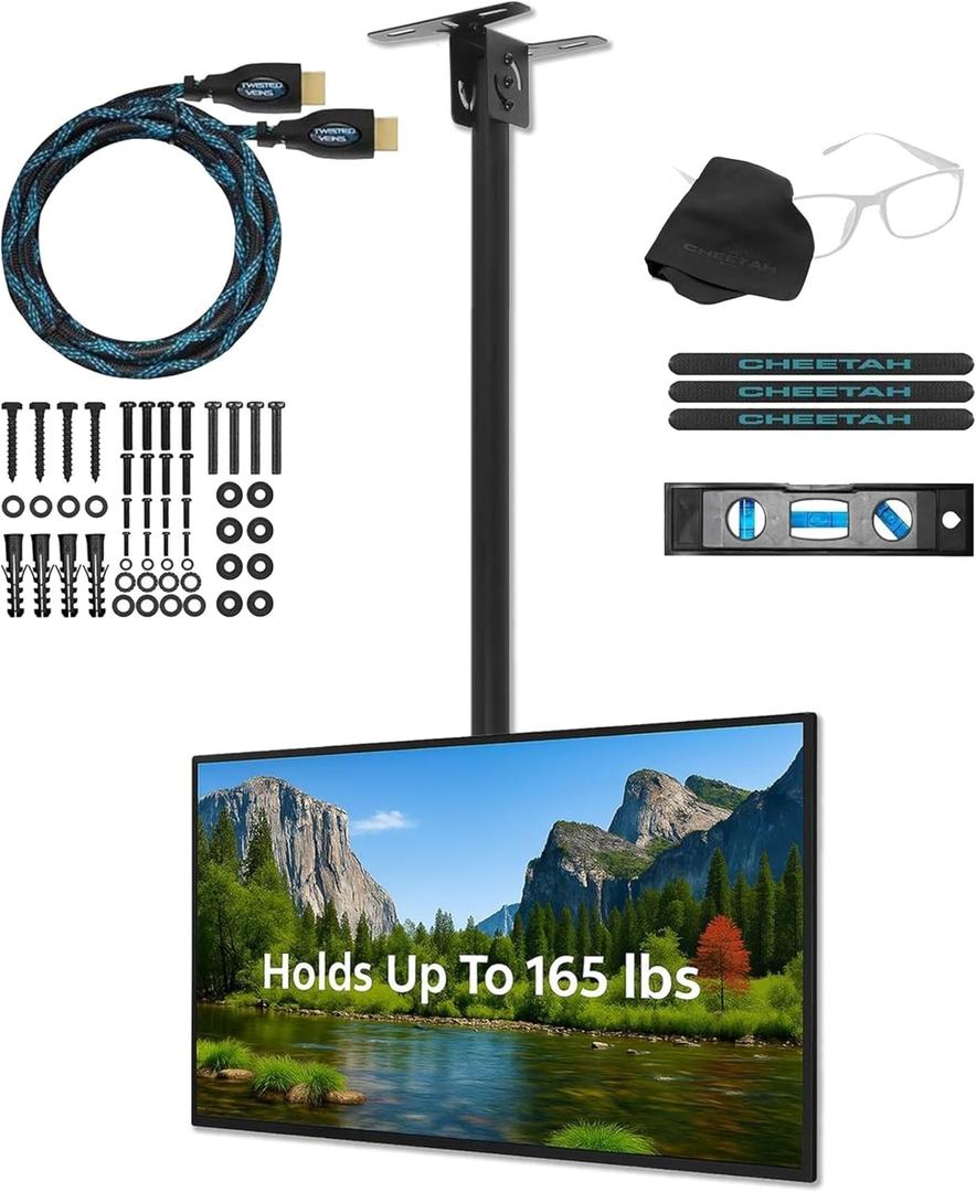 Cheetah Ceiling TV Mount for 37-86 Inch TVs, Max 165lb, VESA 600 and Full 64" Extension Supports Newer Displays up to 100", Bracket Mounts Flat, Vaulted or in-Ceiling, 360 Swivel and 15 Degree Tilt