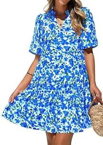 KIRUNDO Womens Summer Dresses Casual Boho Floral Mini Babydoll Short Sleeve A Line Dress V Neck Sundress Beach Vacation(White Blue Flower, Small)