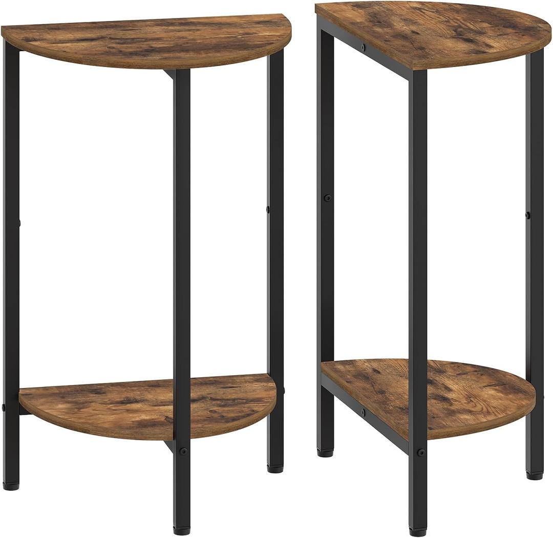 Side Table, Small End Table Set of 2, Half Round Side Table, Half Moon Table, 2-Tier Narrow Sofa Table, Nightstand with Open Sheleves, Entryway Table for Living Room, Rustic Brown ET07L2BR