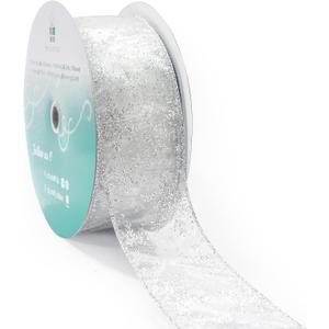 CT CRAFT LLC Organza with Silver Glitter Snowflakes Wired Ribbon 2.5 inch x 50 Yards for Christmas Home Decor Tree Topper Bow Gift Wrapping DIY Crafts Wreath Garland Wedding