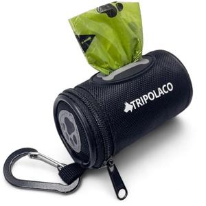 TRIPOLACO Dog Poop Bag Holder for Leash, Easy Release Doggie Poop Bag Dispenser, Fits Most Standard Poo Bags, Soft Fabric Dog Waste Bag Holder with Carabiner Clip, Compatible with All Leashes, Black