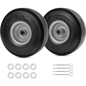 Parts Camp 10 inch wheel 4.10/3.50-4" Flat Free Tire and Wheel 10" Solid Tire for Gorilla Cart Hand Truck Garden Wagon Trolley Dolly tire replacement -5/8" Axle Bore Hole, 2 1/4"Offset Hub (2 Pack)