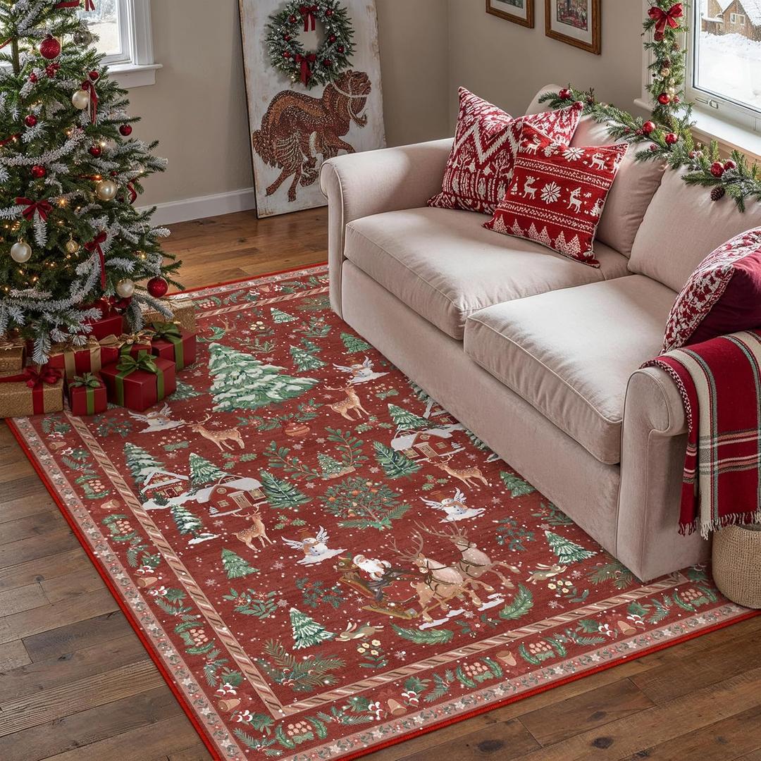 Christmas 3x5 Red Area Rug Santa Xmas Tree Holiday Decor Entryway Doormat Washable Non Slip Soft Low Pile Lightweight Mat for Living Room Bedroom Dining Room Bathroom