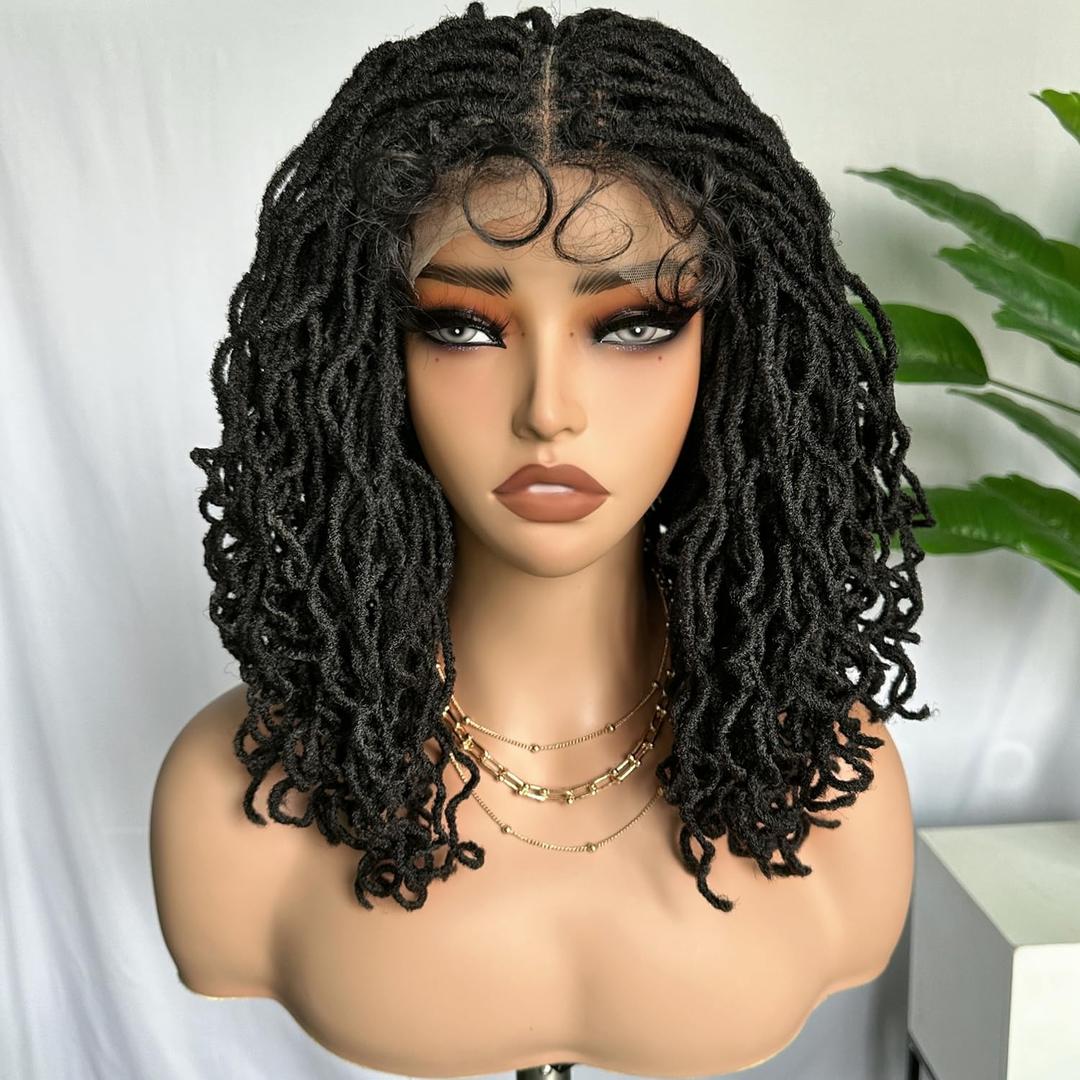 SOKU Curly Faux Locs Lace Frontal Wig 14 Inch Natural Black 4x4 Large Double-lace Twist Dreadlock Wigs for Black Women Afro Curly Braided Synthetic Wig