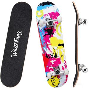 WhiteFang Skateboards for Beginners, Complete Skateboard 31 x 7.88, 7 Layer Canadian Maple Double Kick Concave Standard and Tricks Skateboards for Kids and Beginners, Pink Fantasy