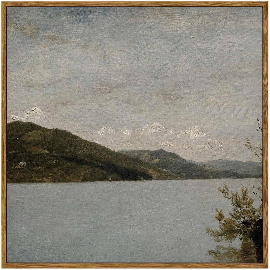 InSimSea Square Framed Canvas Wall Art, Classical Nature Landscape Paintings, Vintage Scenery Wall Pictures for Bedroom Bathroom Living Room, Canvas Prints Artwork, Retro Home Decor 16"x16" (Lake George)