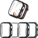 COMMUTER [4 Pack] for Apple Watch 9/8/7 Screen Protector 45mm, Hard PC Ultra-Thin Protective Face Cover Built-in Tempered Glass Film for Apple Watch 9/8/7 45mm, Black/Clear/Blue/Green